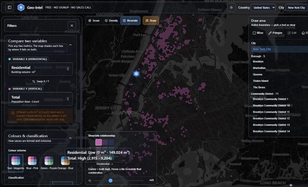 Hover pop-up on a New York bivariate tile reading Low Residential, High Total, with residential between 0 and 149,024 cubic metres and population between 2,915 and 9,204