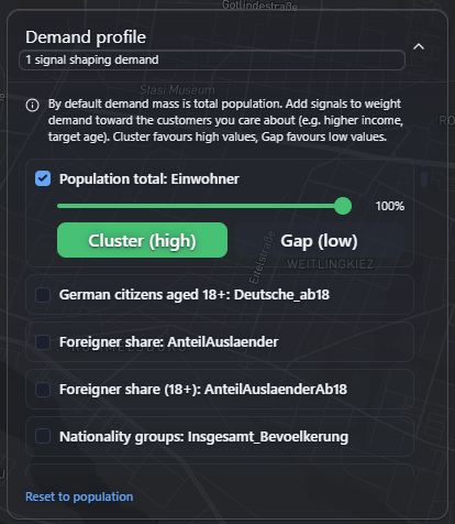 Demand profile card with a population checkbox, a weight slider, Cluster and Gap direction buttons, and demographic options