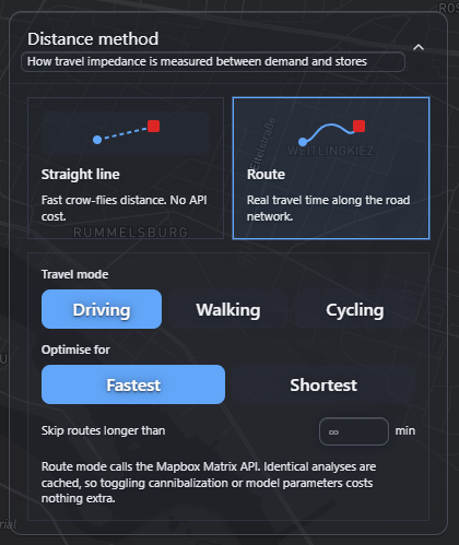 Distance method card offering Straight line or Route, with travel mode and fastest or shortest options for route mode