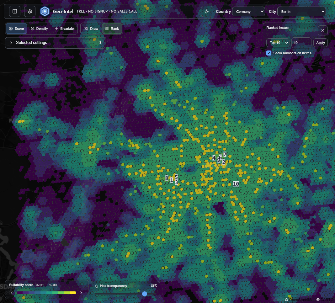 Geo-Intel map with the top ten highest-scoring tiles numbered one through ten