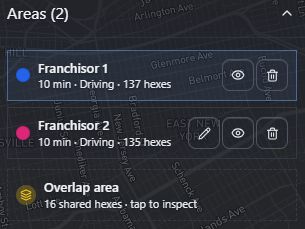 Areas panel listing Franchisor 1 and Franchisor 2 - each with travel time, mode and hex count and buttons to edit, show or hide, and delete - plus an Overlap area row showing 16 shared hexes with a tap to inspect hint