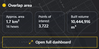Summary card for the overlap area showing approximate area 1.7 square kilometres over 16 hexes, 3,722 points of interest, and built volume 10,444,916 cubic metres